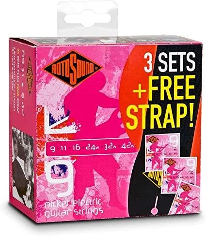Rotosound Nikkel elektrické kytarové struny, 9 11 16 24 32 42, 3 kusy s extra popruhem