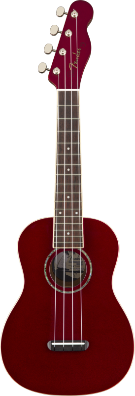 Fender Koncert ukulele dřevěná hmatník, červená barva Candy Apple