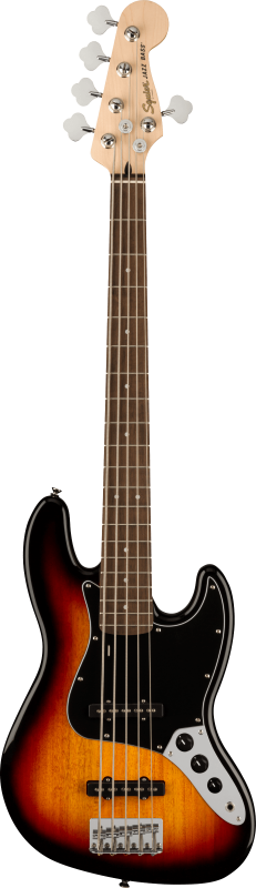 Squier Jazz Bass V, 5 strun, laurová hmatník, černý pickguard, 3-barvový sunburst