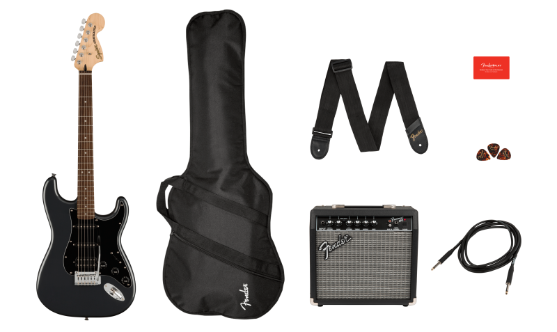 Squier Affinity Stratocaster HSS Pack, laurová hmatník, Charcoal Frost Metallic, gig bag
