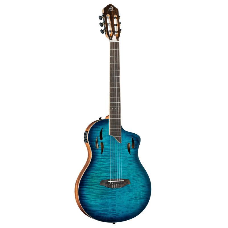 Ortega RTPDLX-FMA elektro-klassická kytara Flamed Maple, modrá barva, včetně pouzdra
