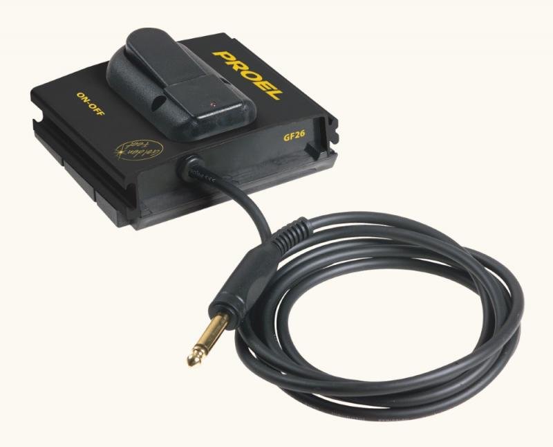 PROEL Pedál ON/OFF, ABS hliník, 6,3 mm mono jack, 2 m kabel, 9V napájení