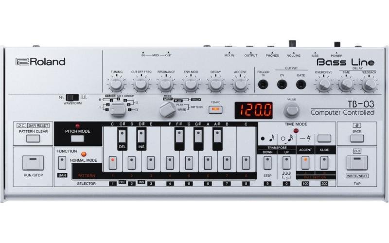 Roland TB-303 basový syntezátor, kompaktní design, ikonický zvuk