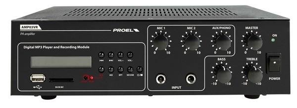 Proel instalační mixážní zesilovač, integrovaný přehrávač, USB, 2 mic in, 1 aux in, 70V, 100V