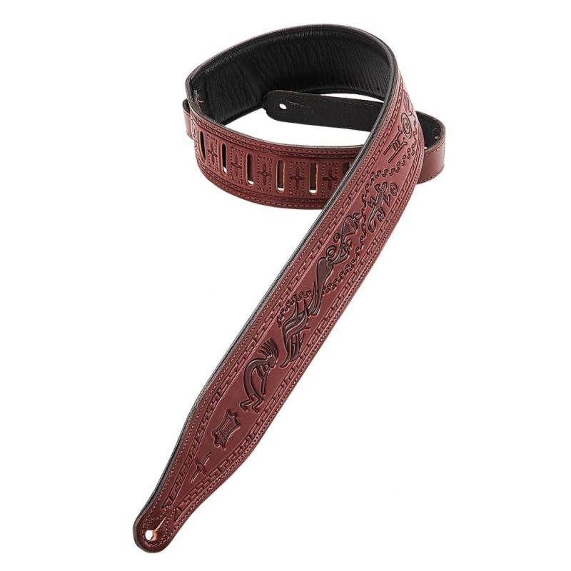 Levy's Kytarový popruh, Kokopelli vzor, polstrovaný, kůže, 6cm, 140cm, burgundy červená