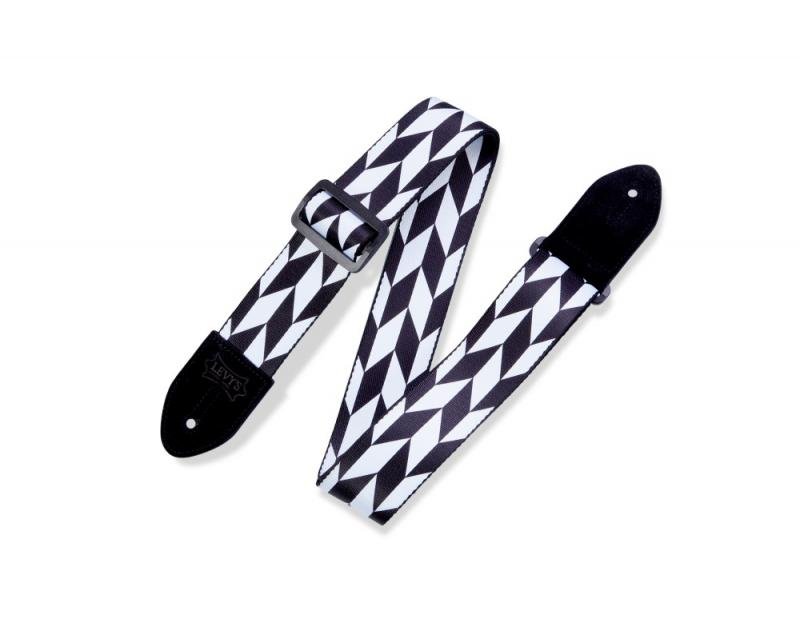 Levy's Kytarový popruh, potisk, polyester, s koženými konci, černé plastové strany
