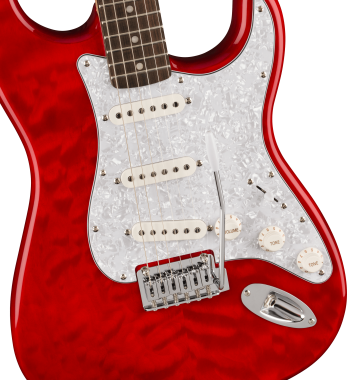 Squier FSR Affinity Series Stratocaster QMT, Laurel Fingerboard, White Pearloid Pickguard, Crimson R