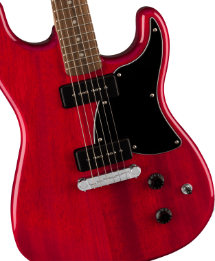 Squier Paranormal Strat-O-Sonic, Crimson Red Transparent elektromos gitár