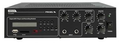 Proel instalační mixážní zesilovač, integrovaný přehrávač, USB, 2 mic in, 1 aux in, 70V, 100V